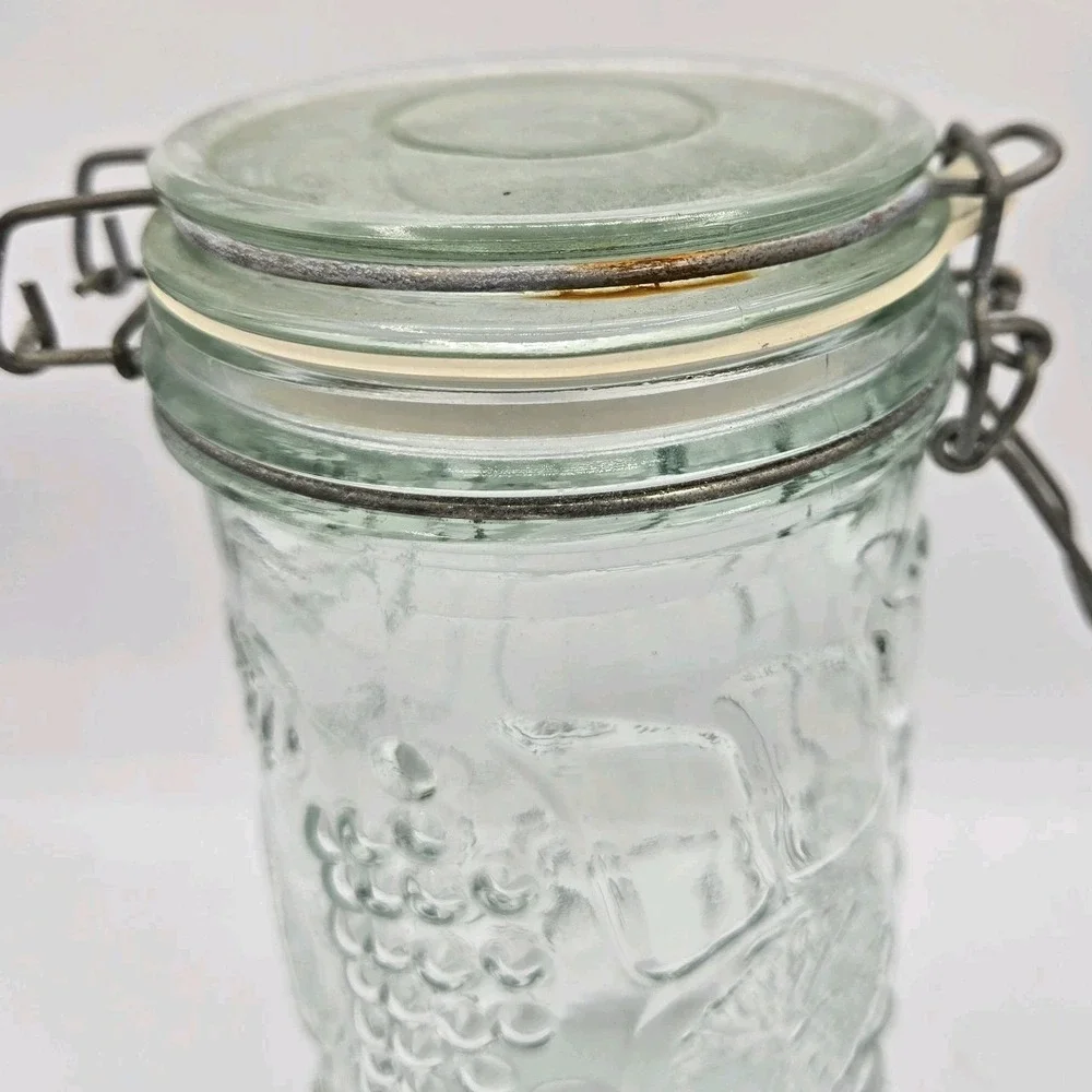Fruit Embossed Clear Glass Canister with‎ Flip Top Vtg Jar Storage Container